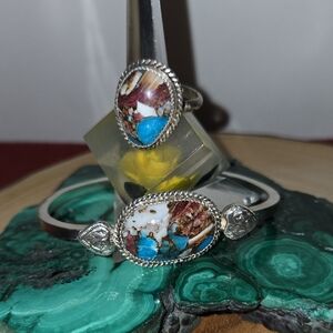 Ornate Sterling Silver Bracelet  and Ring Set with Composite Turquoise